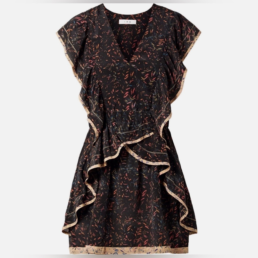 RARE 💫 IRO Paris Jicka Ruffled Printed 100% Silk Crepe Mini Dress Sz 4